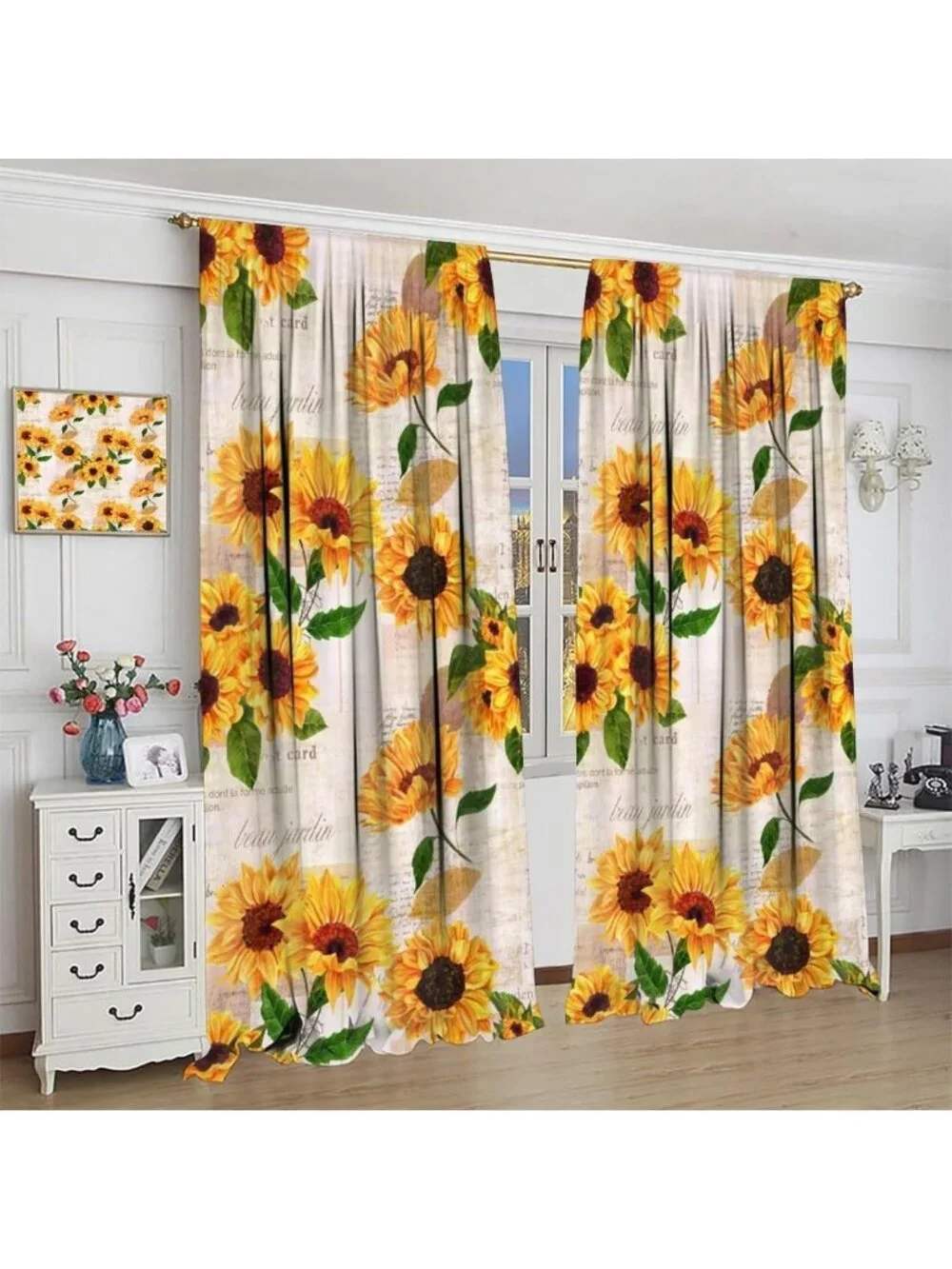 Rustic Vintage Sunflower Curtains | Farmhouse Yellow Floral Window Treatments
